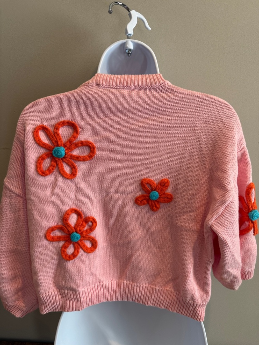Zara Pink Crewneck Sweater with Orange & Teal Floral Appliqués - Picture 2 of 3